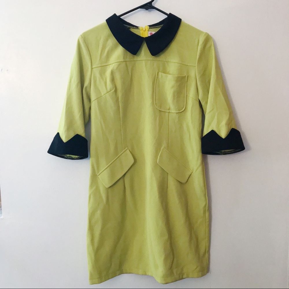 chartreuse shift dress with black collar